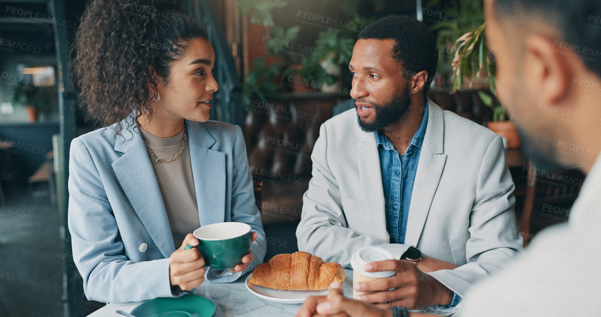 Buy stock photo Lunch break, meeting and planning with business people in cafe for startup investors, franchise growth and team. Hospitality market research, discussion and coffee shop launch with employees