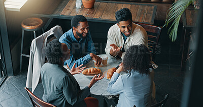 Buy stock photo Top view, meeting and laughing with business people in cafe for startup investors, franchise growth and team. Hospitality market research, discussion and coffee shop launch with employees for brunch