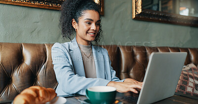 Buy stock photo Coffee shop, remote work and business woman on laptop for online planning, writing proposal and research. Professional, restaurant and person on computer for website, project review and internet