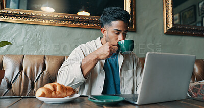 Buy stock photo Coffee shop, remote work and businessman on laptop with drink for online planning, proposal and research. Lunch break, restaurant and person on computer for website, project review and internet