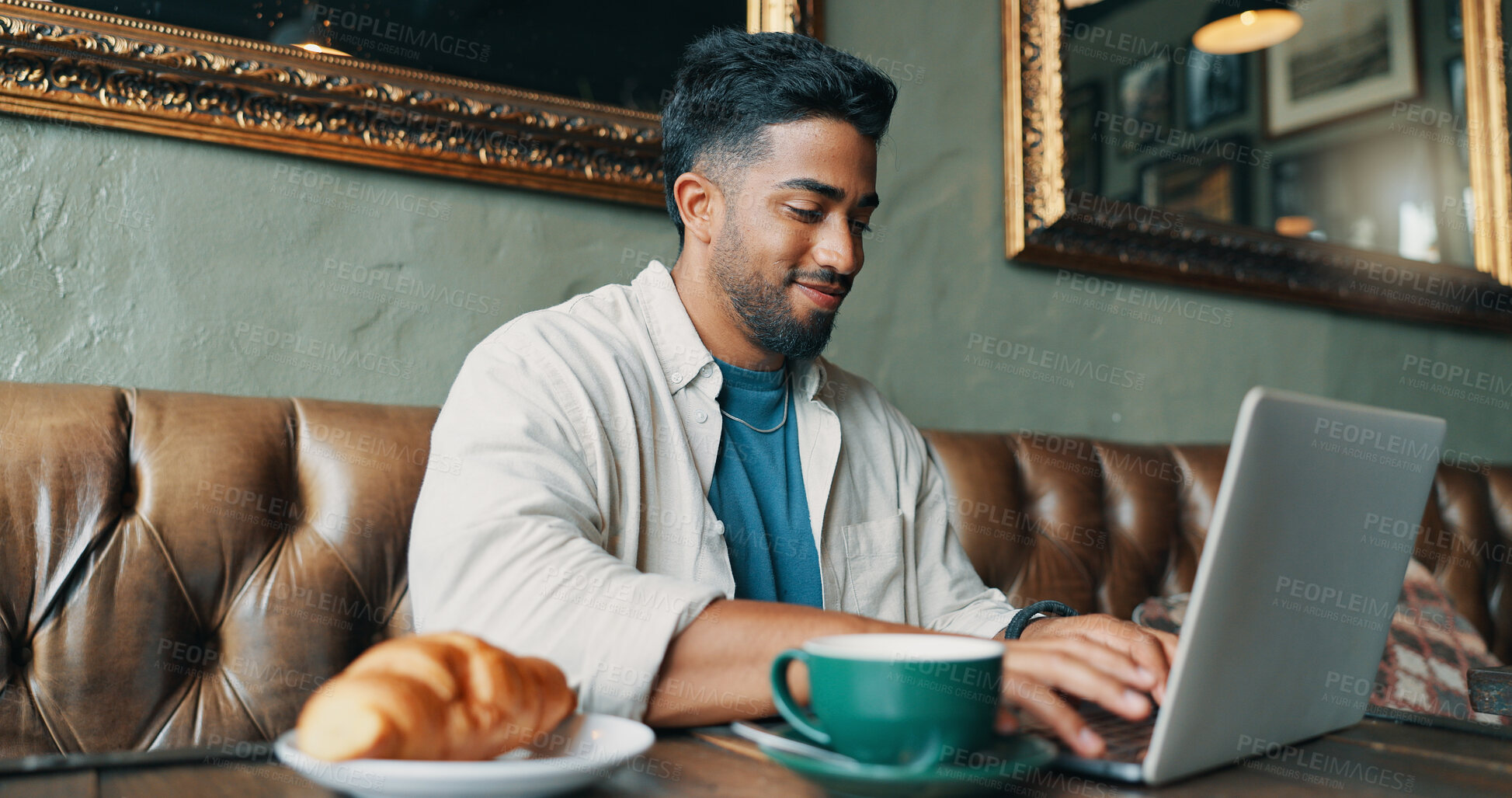 Buy stock photo Coffee shop, remote work and business man on laptop for online planning, writing proposal and research. Freelancer, restaurant and person typing on computer for website, project review and internet