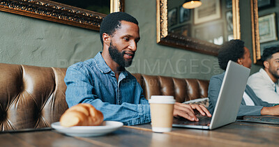 Buy stock photo Laptop, freelancer and research with man in cafe for typing, restaurant review and blog post. Email newsletter, article editor and coffee shop report with person for remote work writer and planning