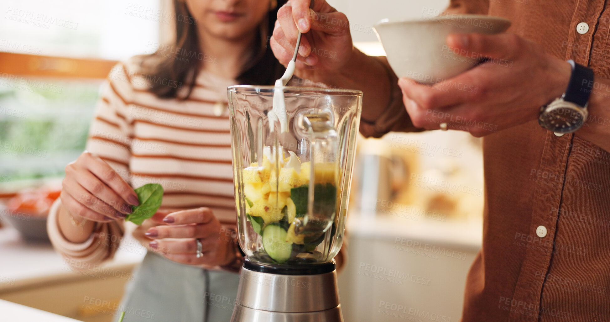 Buy stock photo Couple, home and smoothie ingredients in blender for breakfast shake, healthy nutrition and gut health. People, hands and yoghurt in kitchen for meal replacement preparation, organic diet and recipe