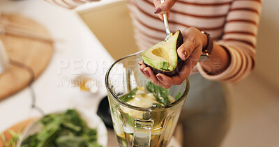 Buy stock photo Woman, kitchen or hands with avocado in blender for fruit smoothie, breakfast drink or digestive health. Above, person or ingredients preparation in home for organic diet, morning routine or wellness