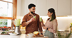 Nutrition, couple and happy with green smoothie in home for digestive health, healthy shake or breakfast drink. People, blender or organic juice for weight loss, body detox or antioxidants in kitchen