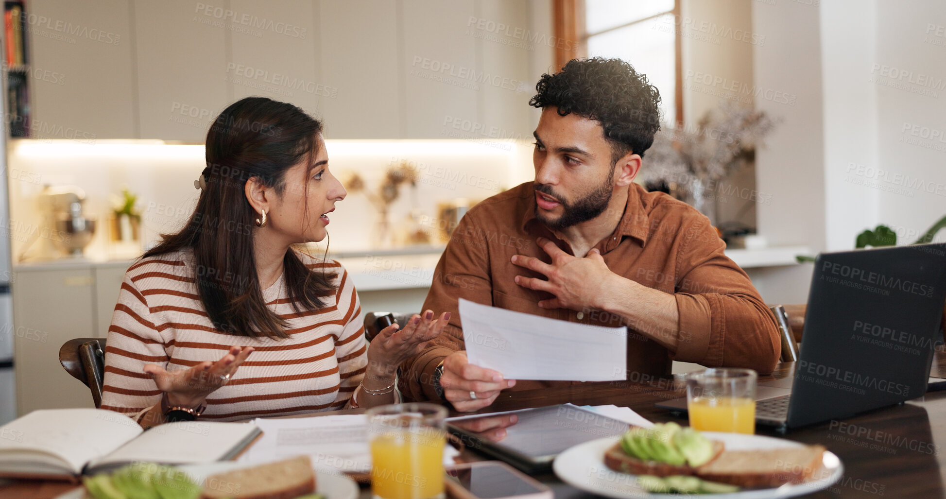 Buy stock photo Couple, documents and stress for finance in home with financial planning, budget mistake or asset management. People, laptop and disagreement for bankruptcy challenge, taxes and mortgage at breakfast
