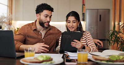 Buy stock photo Couple, tablet and budget together in home for financial planning, credit score check or asset management. People, breakfast and happy with loan application, investment paperwork and payment invoice