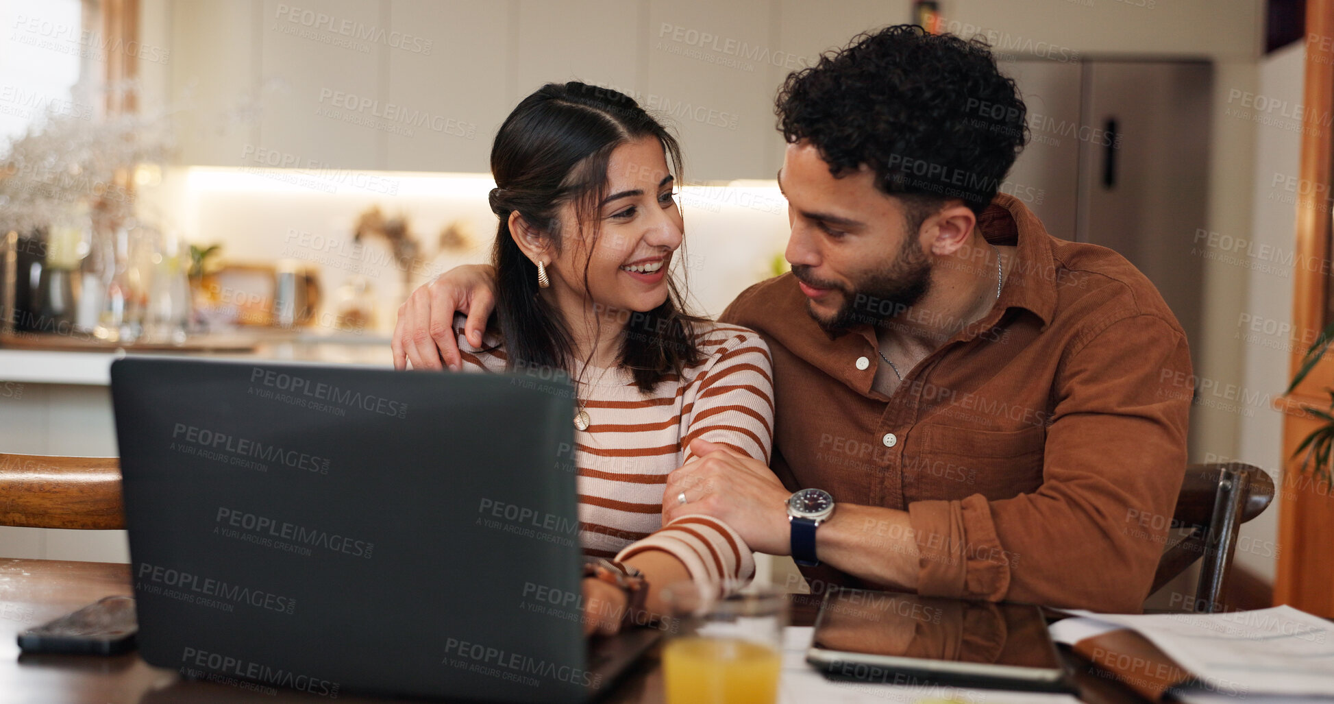 Buy stock photo Couple, laptop and budget together in home for financial planning, insurance documents or asset management. People, technology and happy with loan application, investment paperwork or payment invoice
