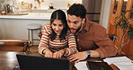 Couple, laptop and surprise news in home, reading loan application response and support with budget. People, shocked and email announcement for mortgage insurance, love and review info together