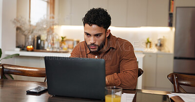 Buy stock photo Remote work from home, thinking and man with laptop, online reading and writer with ideas. Person, author and creative with pc, planning for schedule and research for proposal and editing services