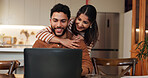 Couple, laptop and news of success in home, reading loan application response and support with win. Happy people, embrace husband and email announcement for mortgage insurance, celebrate and love
