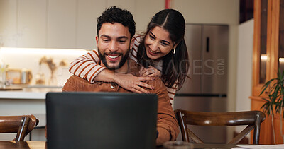 Buy stock photo Couple, laptop and news of success in home, reading loan application response and support with win. Happy people, embrace husband and email announcement for mortgage insurance, celebrate and love