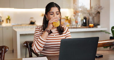 Buy stock photo Remote work from home, juice and woman with laptop, copywriting and nutrition with deadline. Person, freelancer and entrepreneur with wellness, content creation and schedule for article or drink