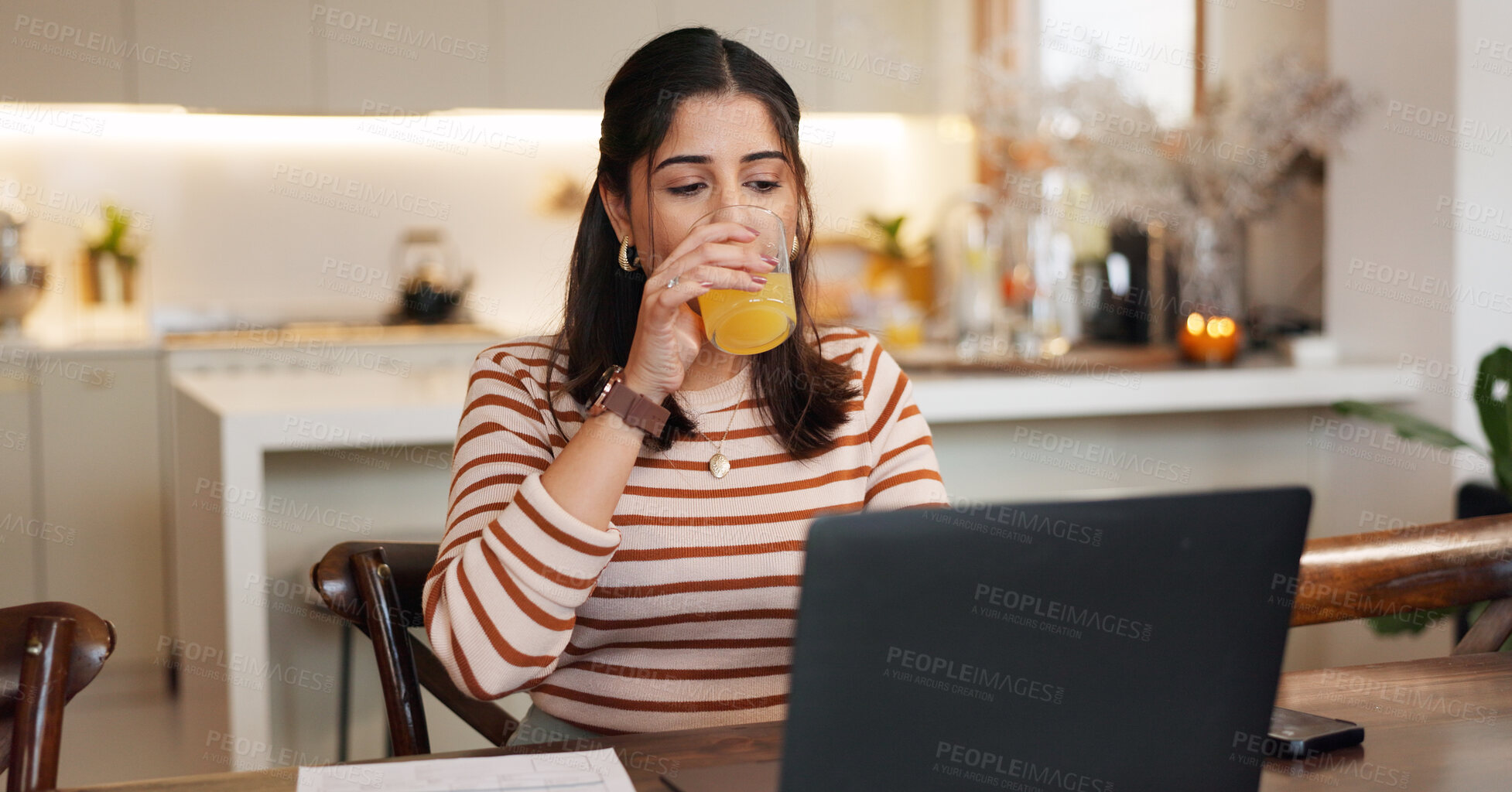 Buy stock photo Remote work from home, juice and woman with laptop, copywriting and nutrition with deadline. Person, freelancer and entrepreneur with wellness, content creation and schedule for article or drink