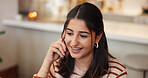 Woman, contact and happy with phone call in home for online consulting, communication or mobile chat. Space, person or speaking in house for delivery update, package order or parcel tracking at night