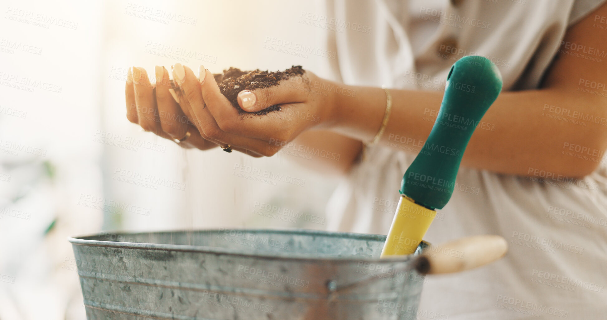 Buy stock photo Soil, environment and bucket with hands or woman for plant fertilizer, growth or organic compost. Sustainability, eco friendly and macronutrients with closeup of person and dirt for nature and garden