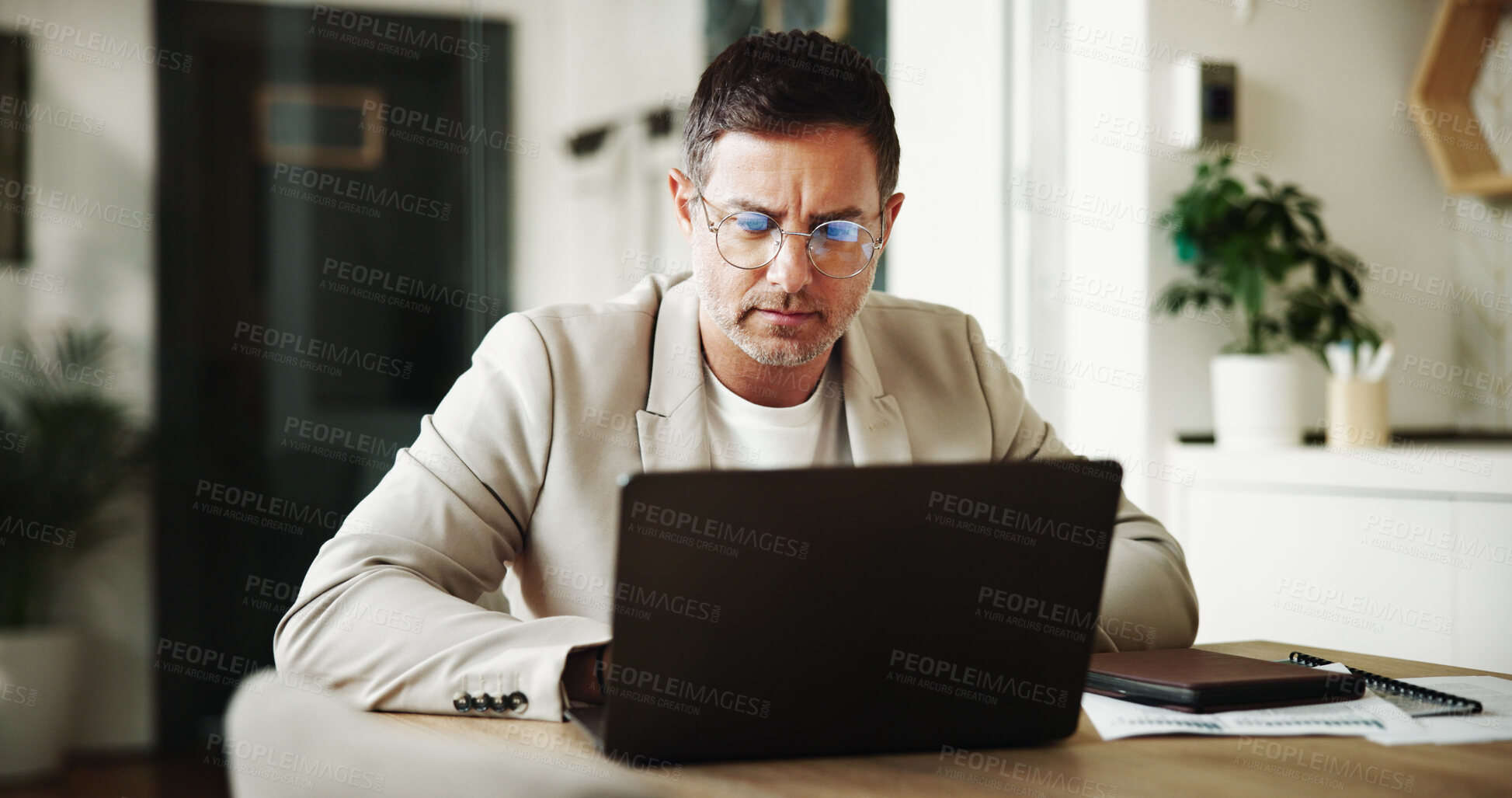 Buy stock photo Finance, laptop and remote work with man in home office for investment or portfolio management.  Computer, stock market and trader with freelance broker in apartment to research economic trends