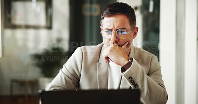 Buy stock photo Finance, laptop and problem solving with man in home office for investment or portfolio management. Computer, stock market and thinking with freelance trader in apartment to research economic trends