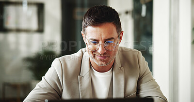 Buy stock photo Finance, laptop and remote work with happy man in home office for investment or portfolio management. Computer, stock market trading and smile of freelance broker in apartment to search economy info