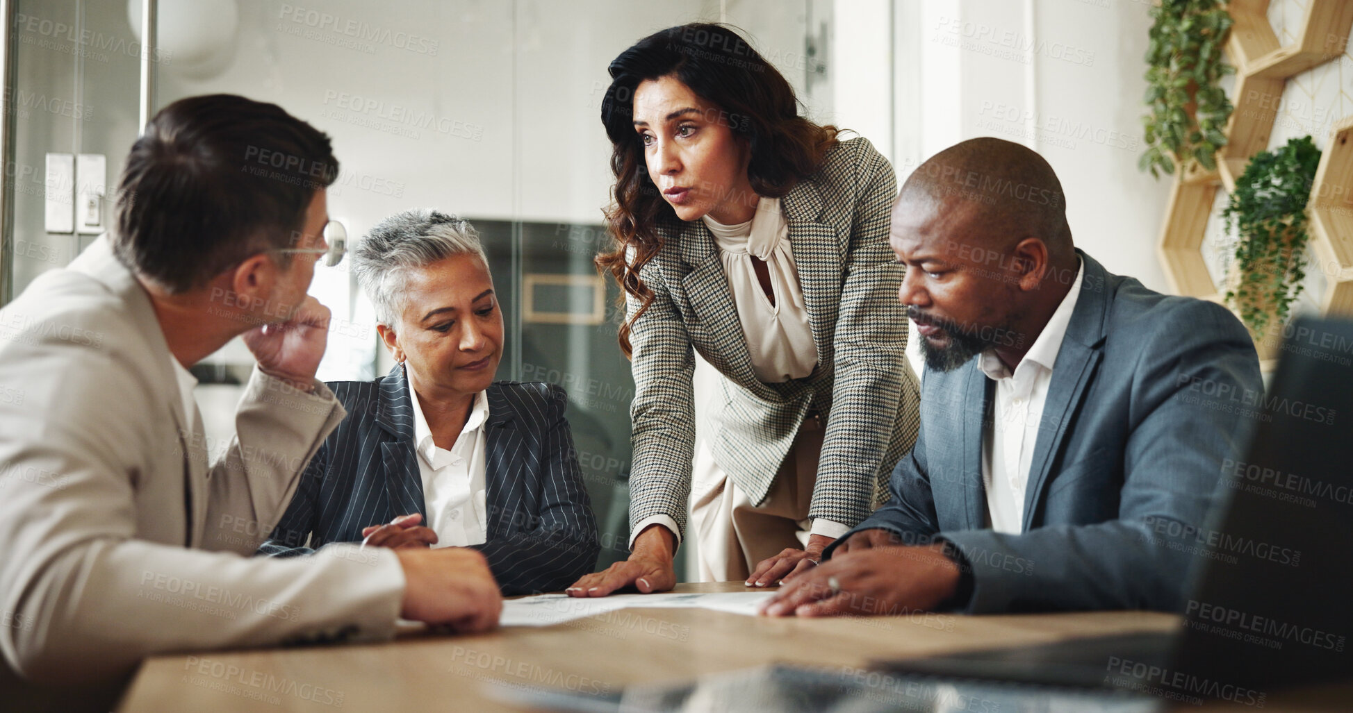 Buy stock photo Discussion, meeting and business people in office for finance investment with company with teamwork. Collaboration, laptop and financial management group planning profit or revenue margin report.