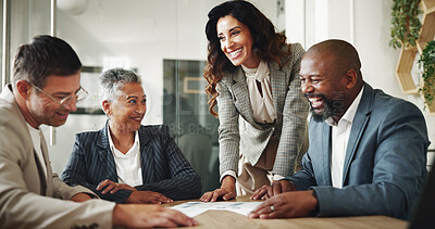Buy stock photo Business people, financial success and laughing with audit, budget and paperwork for customer portfolio. Teamwork, accountant or agent meeting with graphs for consultation advice or assistance review