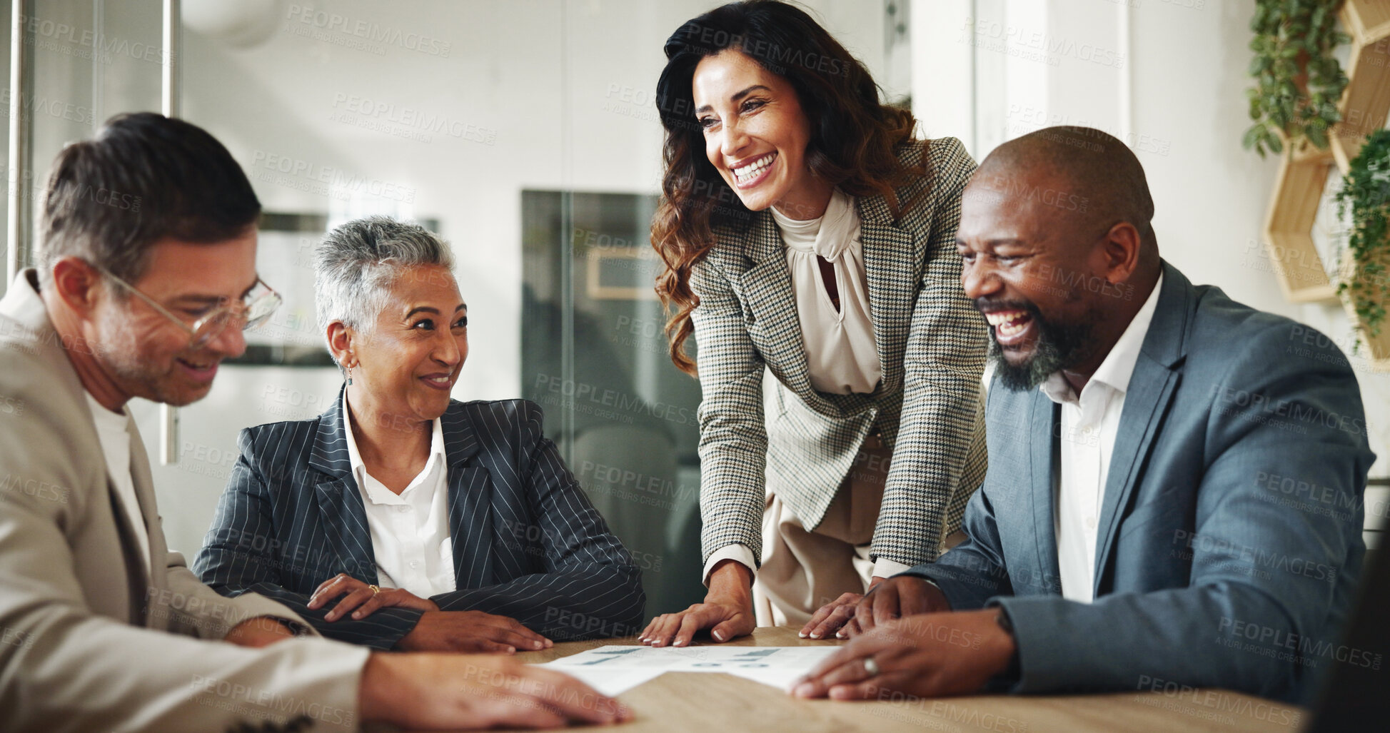 Buy stock photo Business people, financial success and laughing with audit, budget and paperwork for customer portfolio. Teamwork, accountant or agent meeting with graphs for consultation advice or assistance review