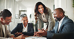 Business people, financial graphs and presentation with audit, budget and advisor for customer portfolio. Woman, accountant or agent meeting with papers for consultation advice or assistance review