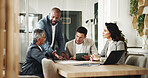 Meeting, tablet and business people in office for finance investment with company with online. Collaboration, digital technology and financial management team with profit or revenue margin report.