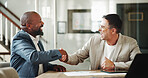 Businessmen, meeting or winning with handshake for business success, partnership or thank you at office. Male people, employees or excited coworkers shaking hands with smile for corporate deal or b2b