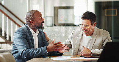 Buy stock photo Laughing, men and smile for teamwork, office and discussion for expansion of business or corporate. Happy, colleagues and people with laptop for meeting, talking and account manager for collaboration