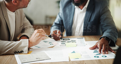 Buy stock photo Hands, paperwork and discussion for business, colleagues and data analyst with charts for market research. Corporate, graphs and people with documents in office, teamwork and employees with info