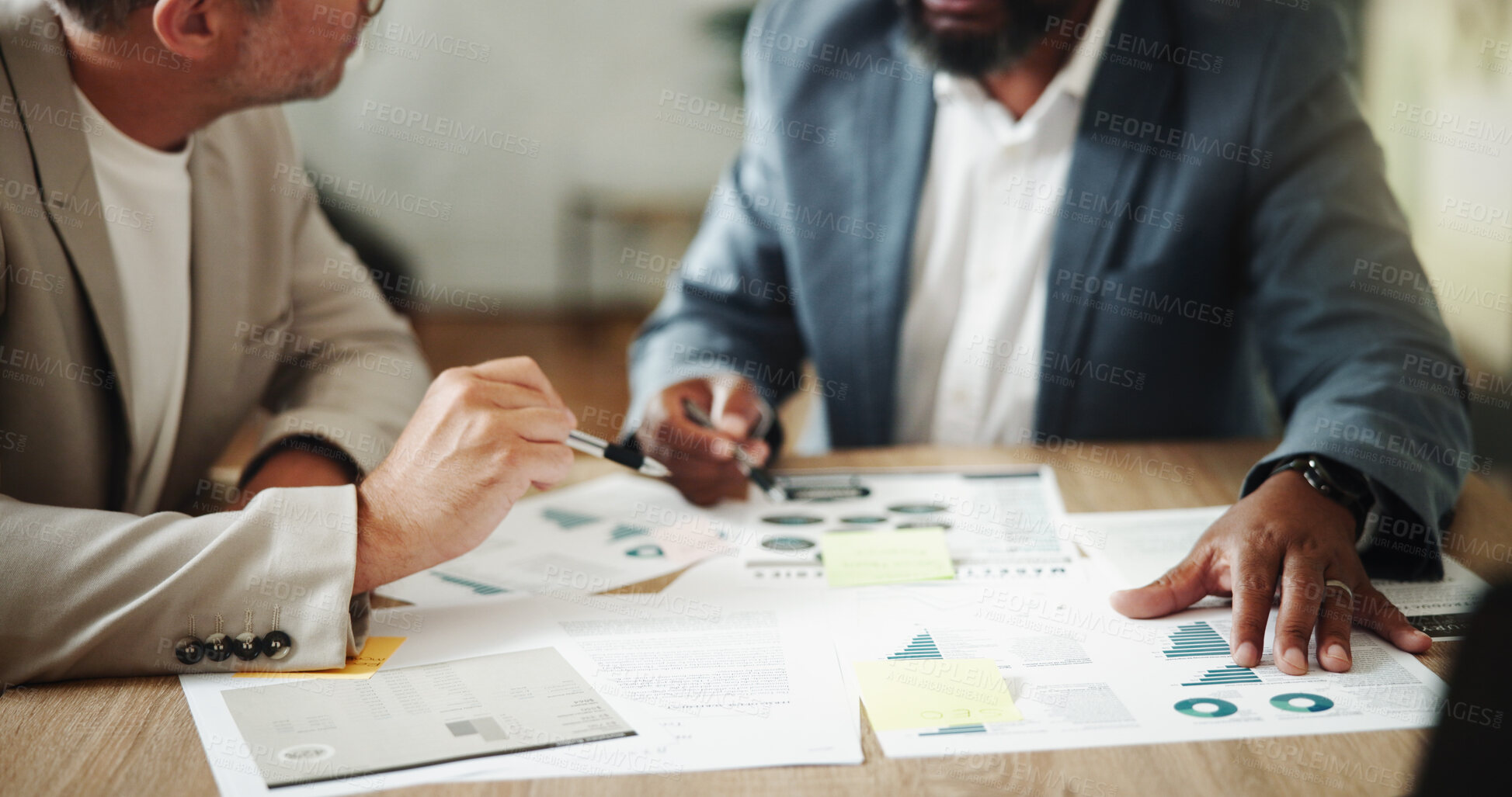 Buy stock photo Hands, paperwork and discussion for business, colleagues and data analyst with charts for market research. Corporate, graphs and people with documents in office, teamwork and employees with info