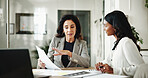 Business women, documents or discussion with budget for financial planning or corporate insurance at office. Female people, employees or colleagues with paperwork for company policy or finance review
