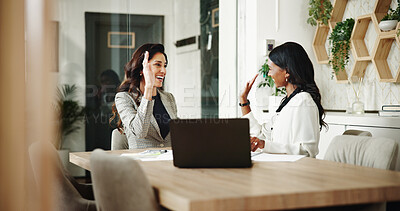 Buy stock photo Happy women, business or laptop with high five for teamwork, promotion or good news at office. Female people, employees or colleagues with smile for winning, celebration or corporate success together