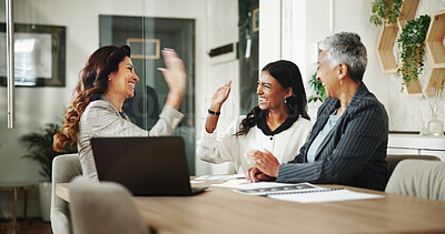 Buy stock photo Happy women, business or team with high five for winning, promotion or good news together at office. Female people, employees or colleagues with smile for motivation, celebration or corporate success