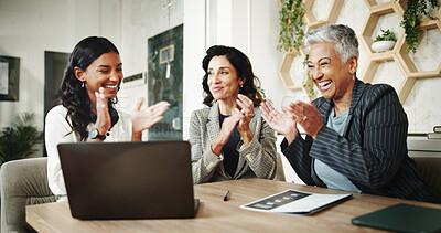 Buy stock photo Business women, applause and video presentation with laptop, budget and financial advisor for customer portfolio. Celebration, accountant or agent meeting for teamwork, success and online promotion