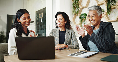 Buy stock photo Business women, applause and presentation with laptop, budget and financial advisor for customer portfolio. Celebration, accountant or agent meeting for promotion announcement, teamwork and success