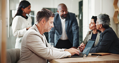 Buy stock photo Office, business people and man with laptop for meeting, investment project and discussion. Teamwork, employees and financial advisor with research for audit, finance and feedback for report review