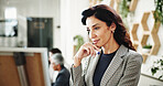 Mature, woman and chart for planning in office, thinking and board for brainstorming solution. Manager, sales supervisor and ideas for development in workplace, business review and vision on growth