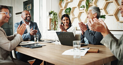 Buy stock photo Happy, business people and meeting with applause for promotion, success or congratulations at office. Excited, group or employees clapping with smile for teamwork, winning or good news at workplace