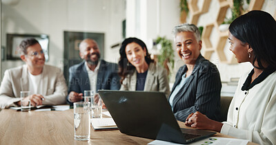 Buy stock photo Business people, financial audit and presentation with laptop, budget and advisor for customer portfolio. Woman, accountant or agent meeting with tech for consultation advice or assistance review