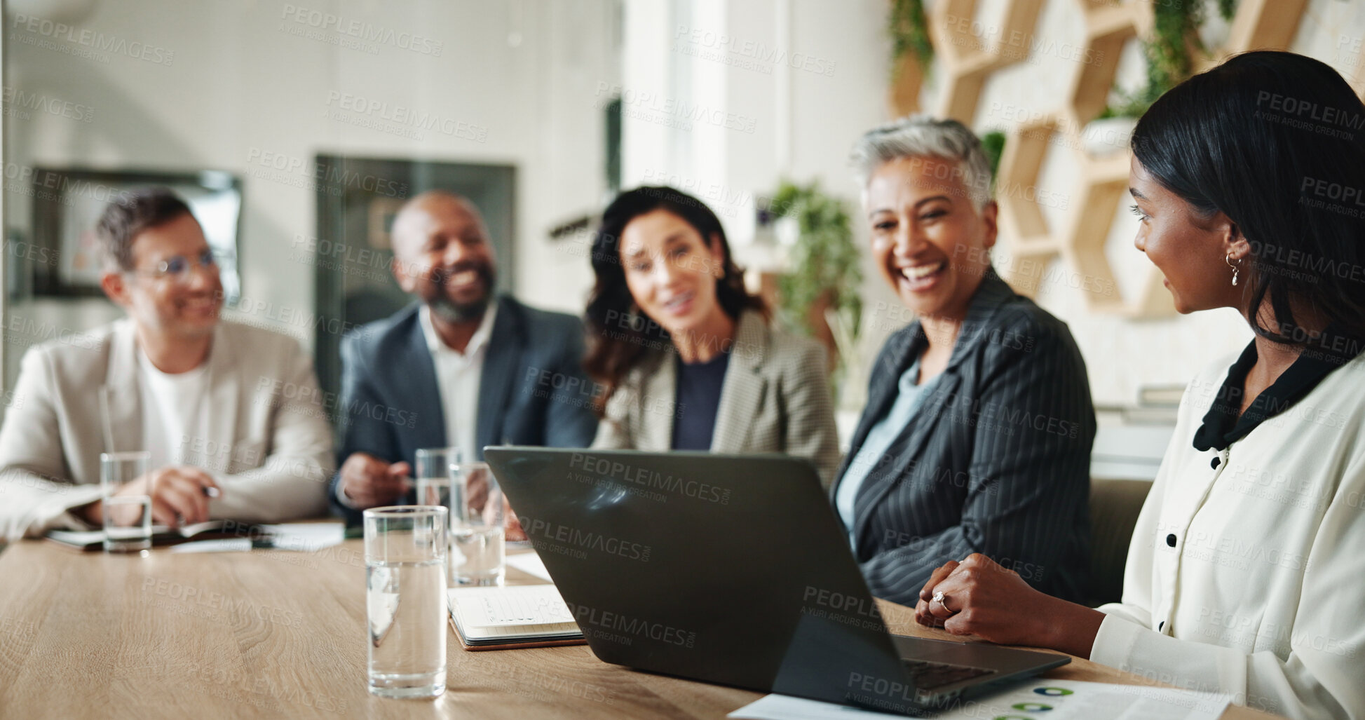 Buy stock photo Business people, financial audit and presentation with laptop, budget and advisor for customer portfolio. Woman, accountant or agent meeting with tech for consultation advice or assistance review
