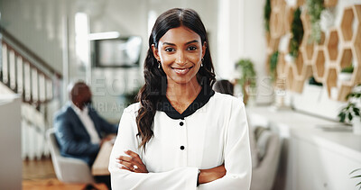 Buy stock photo Portrait, arms crossed and happy business woman in office as sustainability manager with pride. Coworking, confidence or professional worker in meeting, eco consultant or environmental policy advisor