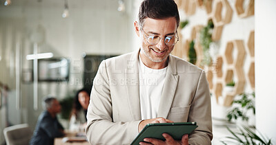 Buy stock photo Businessman, financial research and report with tablet, digital budget and advice for customer portfolio. Thinking, accountant or agent meeting with project consultation, review or audit assistance