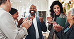 Excited, businessman or team with applause for congratulations, promotion or good news at office. Happy, man and group of employees clapping with smile for motivation or winning together at workplace