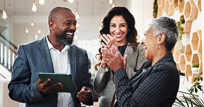 Buy stock photo Office, business people and corporate with tablet for applause, investment profit or finance growth. Teamwork, employees or accountants with clapping for revenue target, celebrate or financial report
