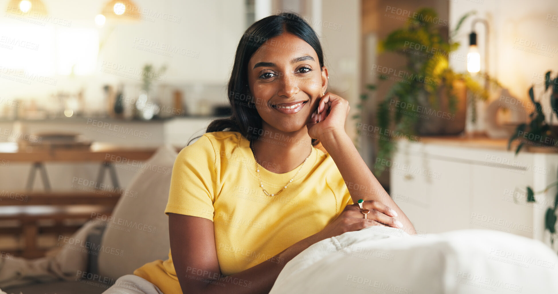 Buy stock photo Smile, woman and relax on couch with portrait of weekend, comfortable and calm morning in lounge. Happy, student and resting peace of self care, stress relief and university break with chill at house
