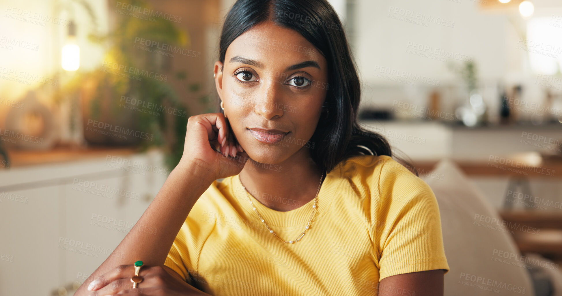 Buy stock photo Indian, woman and relax on sofa with portrait for weekend, comfortable and calm morning in lounge. Serious, girl and student rest for self care, stress relief and university break with peace at house
