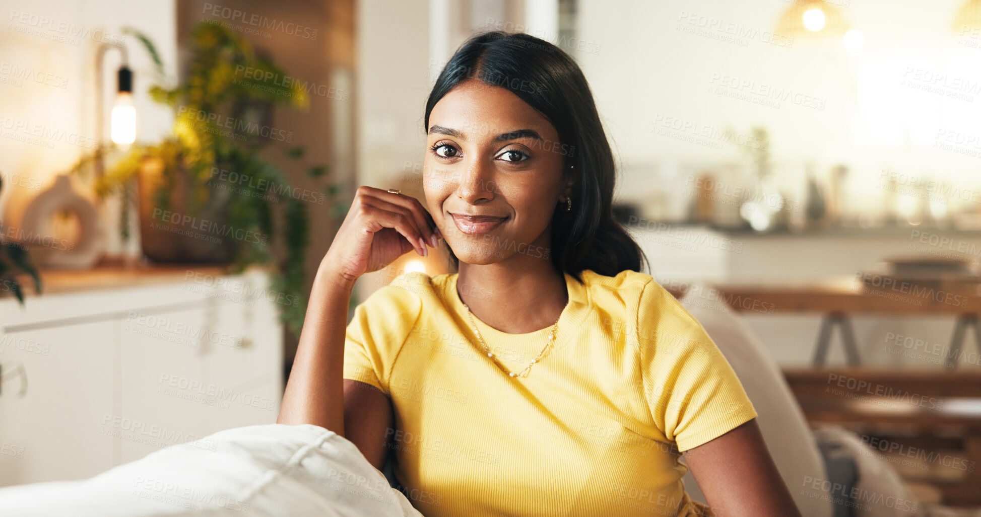 Buy stock photo Happy, woman and relax on sofa with portrait for weekend, comfortable and calm morning in lounge. Smile, girl and student resting for self care, stress relief and university break with peace at house