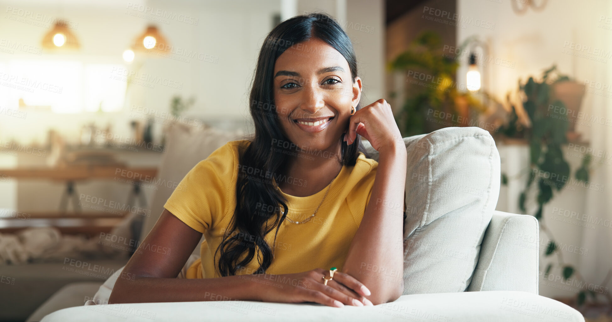 Buy stock photo Smile, woman and relax on sofa with portrait for weekend, comfortable and calm morning in lounge. Happy, girl and student resting for self care, stress relief and university break with peace at house